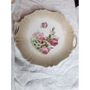 Vintage 9-1/4"  Painted Handled Plate Multi-Colored Flowers